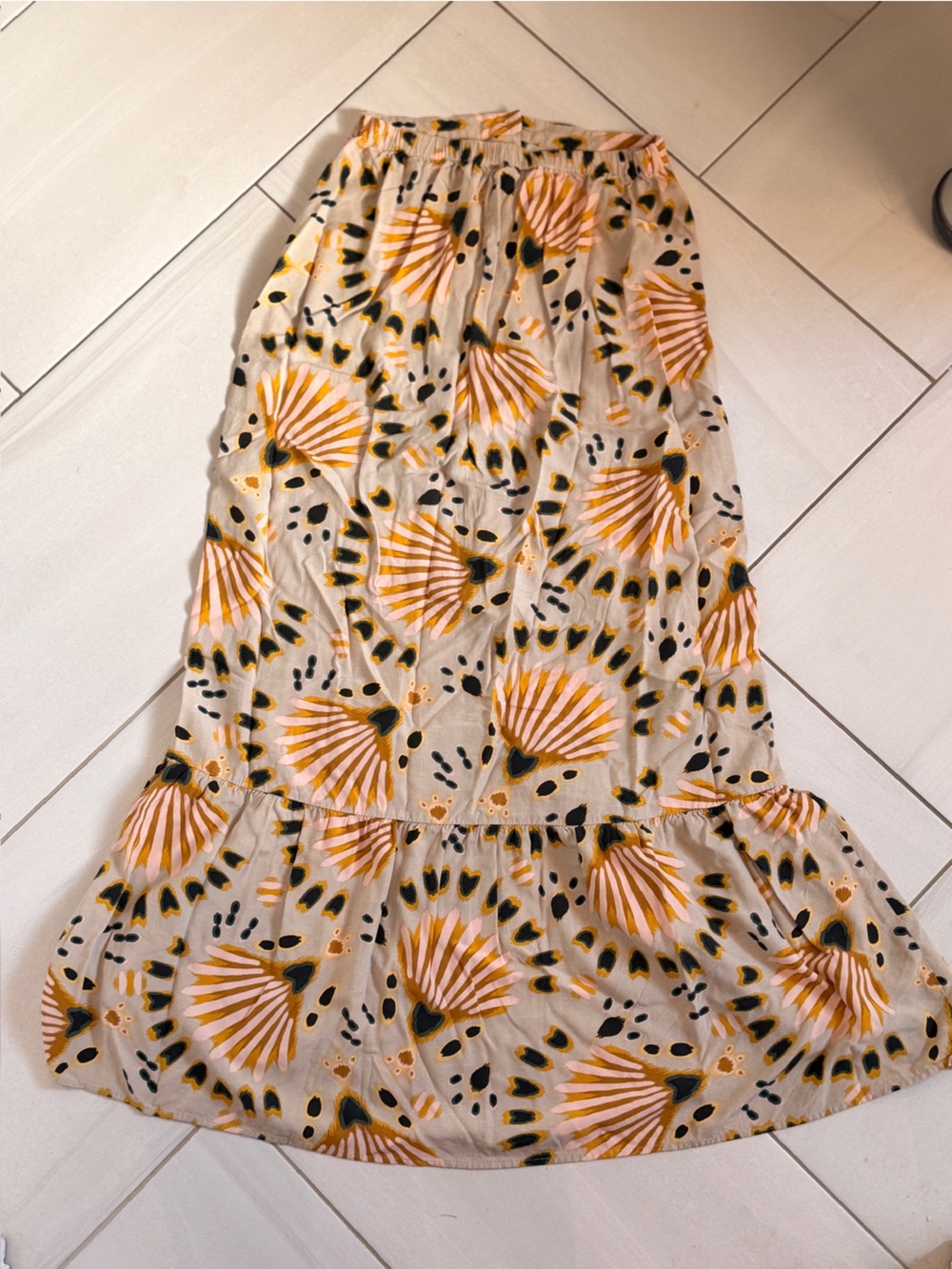 DR2 Beige Maxi Skirt with Coral and Mustard Shell Print